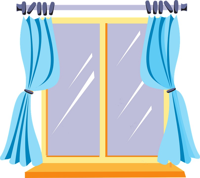 windows, blue curtains