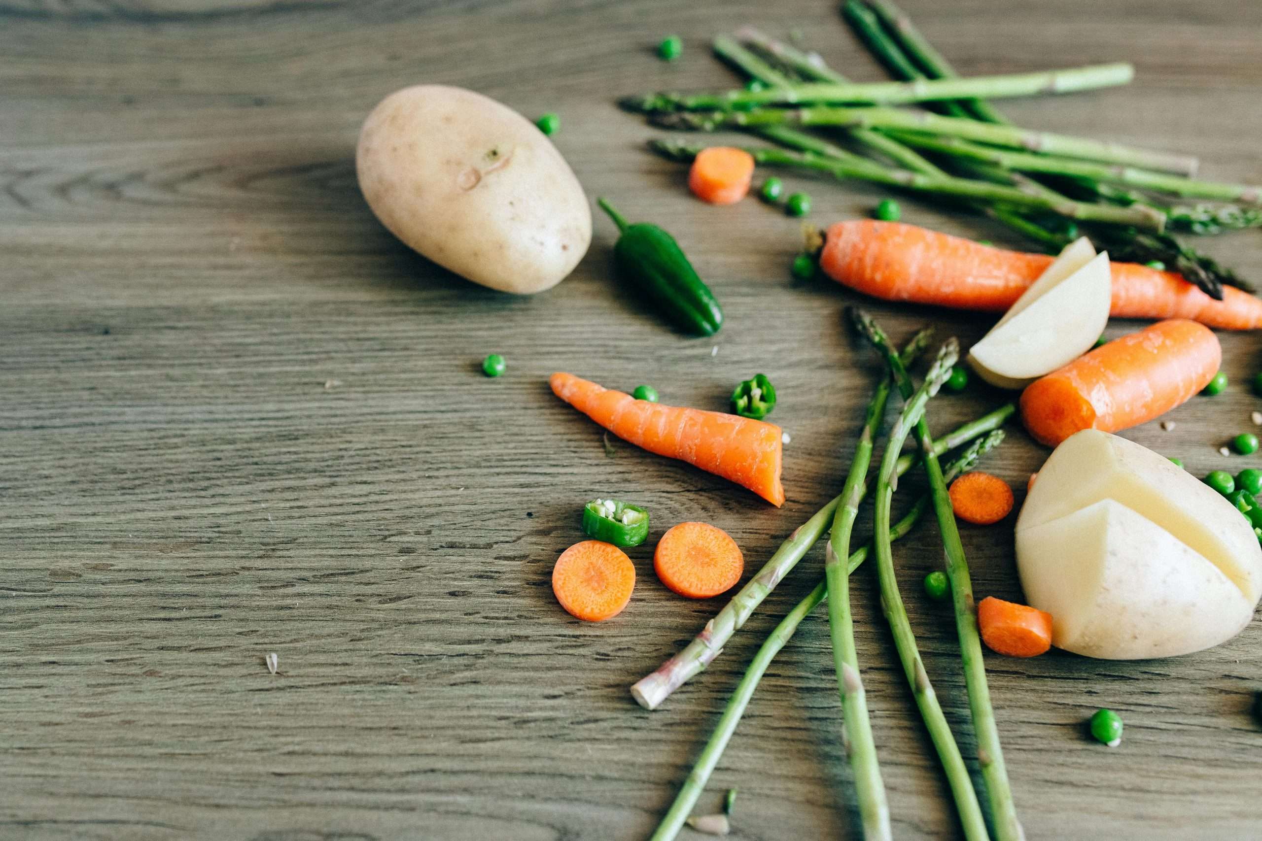 vegetables on a wooden surface