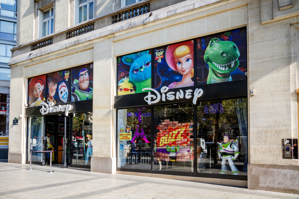 Paris/France - September 10, 2019 : The Disney store entrance on Champs-Elysees avenue