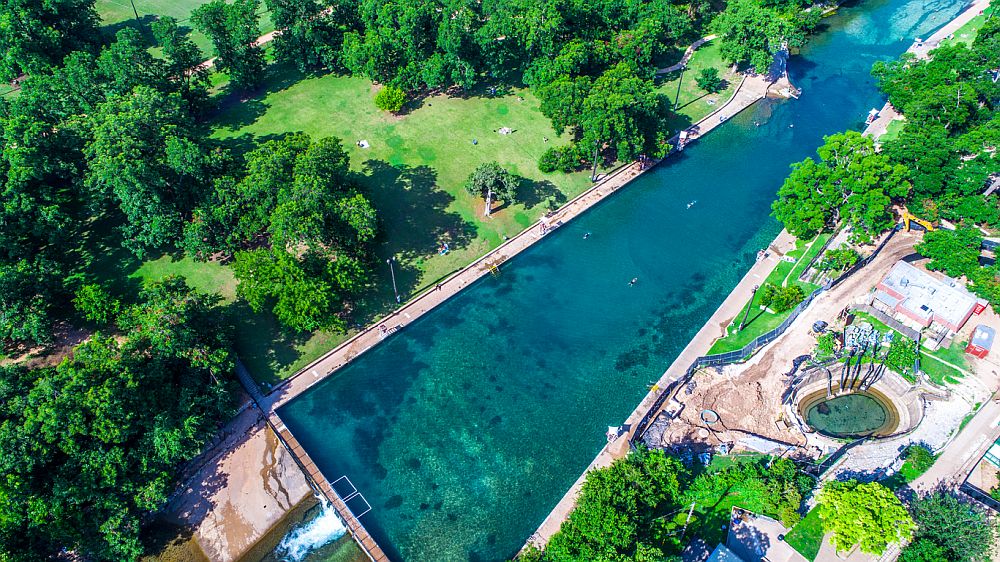 aerial view of Barton Springs Pool in Austin