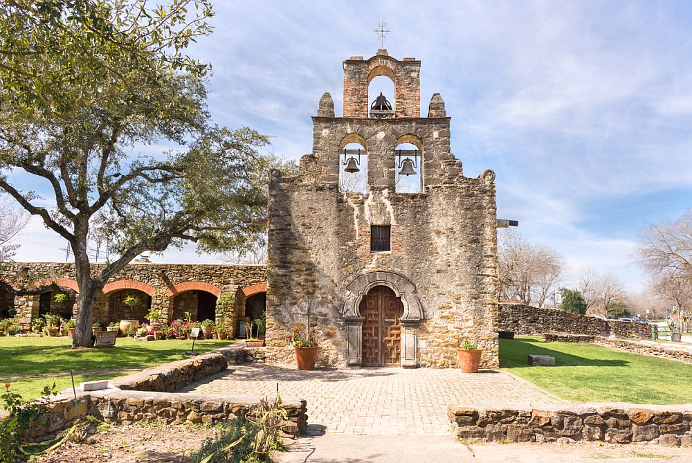 Mission Espada bathed in sunlight, San Antonio, Texas